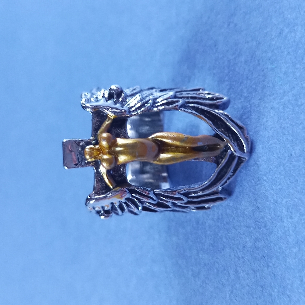 Crucified Angel with Feathered Wings On Cross Heavy Metal Ring - Picture 3 of 4